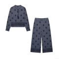 Women Ethnic Embroidered Two-Piece Set Vintage Paisley V Neck Tassel Tie Top Wide Leg Pants Casual Cotton Blend Loose Long Sleeve Suit For Ladies