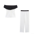 Women's Sexy Spliced Off Shoulder Sleeveless Top And High Waist Straight Leg Trousers Two Piece Set Polyester Contrast Color Elegant Casual Summer Streetwear Outfit