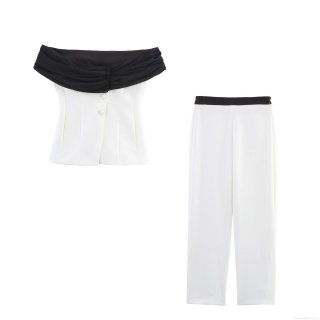 Women's Sexy Spliced Off Shoulder Sleeveless Top And High Waist Straight Leg Trousers Two Piece Set Polyester Contrast Color Elegant Casual Summer Streetwear Outfit