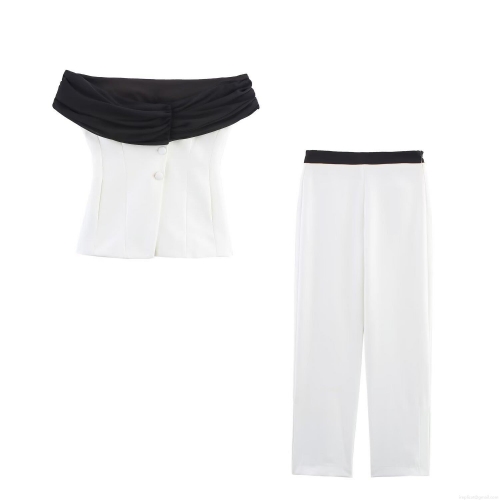 Women's Sexy Spliced Off Shoulder Sleeveless Top And High Waist Straight Leg Trousers Two Piece Set Polyester Contrast Color Elegant Casual Summer Streetwear Outfit