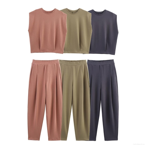 Women's Summer Casual Sleeveless T-Shirt And High Waist Pants Set Minimalist Round Neck Padded Shoulder Top With Matching Trousers Loose Fit Solid Color Lounge Wear