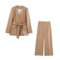 Women Elegant Khaki Professional Office Blazer And Wide Leg Pants Set With Belt V Neck Double Breasted Solid Color 2 Piece Suit For Summer Daily Business Wear