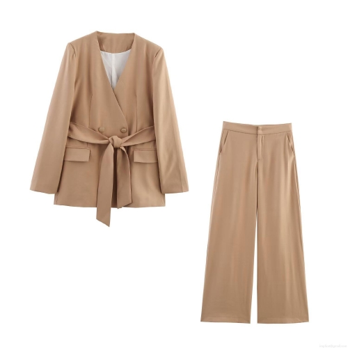 Women Elegant Khaki Professional Office Blazer And Wide Leg Pants Set With Belt V Neck Double Breasted Solid Color 2 Piece Suit For Summer Daily Business Wear