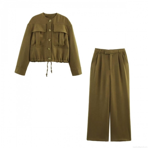 Women's 2-Piece Army Green Outfits Fashion Woven Cargo Jacket With Multi-Pockets And High Waist Wide Leg Pants Casual Summer Streetwear Set