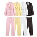 Elegant Double Breasted Blazer Jacket and High Waist Pants Set for Women Polyester Spandex Solid Color Office Lady Suit Outfits for Daily Commute Professional Workwear