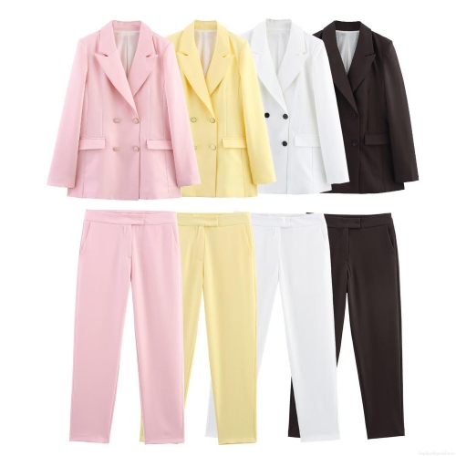 Elegant Double Breasted Blazer Jacket and High Waist Pants Set for Women Polyester Spandex Solid Color Office Lady Suit Outfits for Daily Commute Professional Workwear