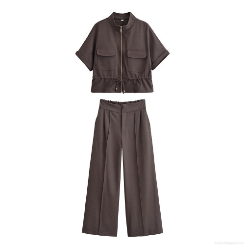 Women's Summer Short Sleeve Casual Pants Set Solid Color Polyester Stand Collar Zipper Shirt And High Waist Wide Leg Trousers Two Piece Outfits For Daily Wear
