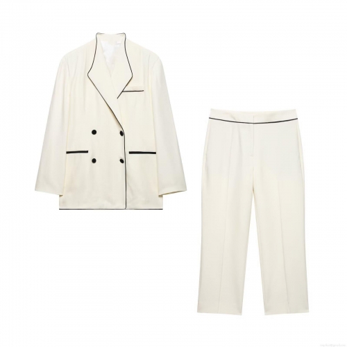 Women's Elegant Contrast Piping Suit Set 100% Polyester Double Breasted Blazer and Straight Leg Pants Two Piece Outfits for Business Office Wedding Daily Fashion
