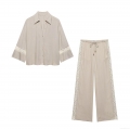Women Casual Two Piece Set V-Neck Lace Embroidered Shirt and Wide Leg Pants Suit Polyester Cotton-Linen Feel Summer Outfit for Daily Vacation