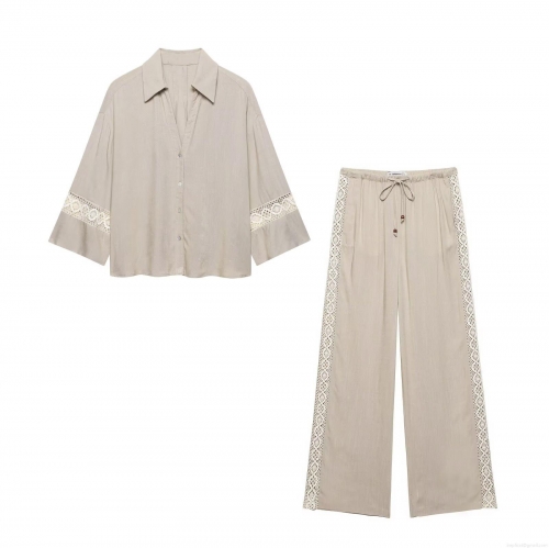 Women Casual Two Piece Set V-Neck Lace Embroidered Shirt and Wide Leg Pants Suit Polyester Cotton-Linen Feel Summer Outfit for Daily Vacation