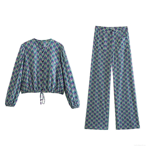 Women Retro Bohemian Geometric Print Two Piece Set Long Sleeve Button Top And High Waist Wide Leg Pants Polyester Casual Summer Outfit
