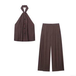 Elegant Women Summer Two Piece Halter Neck Button Vest Top And High Waisted Wide Leg Pants Set Solid Color Satin Casual Streetwear Outfits