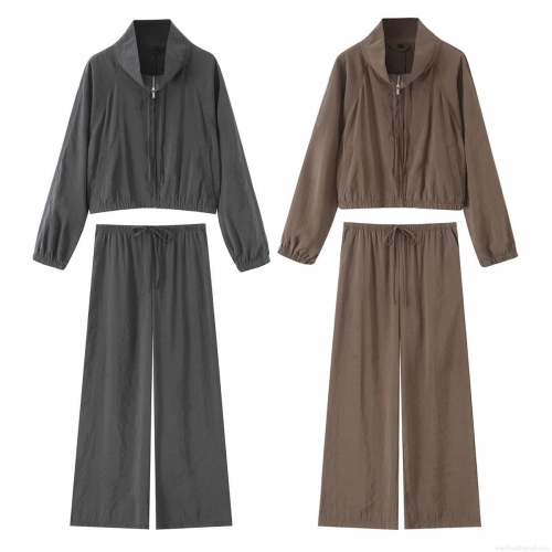 Women's Casual Solid Color Zipper Jacket and High Waist Wide Leg Pants Set Sporty Loose Fit Lightweight Loungewear Outfit for Women