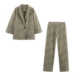 Women's Casual Set 85% Cotton Sunflower Embroidery Hollow Out Eyelet Long Sleeve Top And High Waist Wide Leg Pants Two Piece Set For Daily Vacation Olive Green Summer Clothing