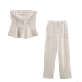 Women's 2 Piece Set Sexy Strapless Tube Top And High Waist Straight Leg Pants Contrast Stitching Cotton Linen Blend Summer Casual Socialite Outfit