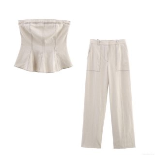 Women's 2 Piece Set Sexy Strapless Tube Top And High Waist Straight Leg Pants Contrast Stitching Cotton Linen Blend Summer Casual Socialite Outfit