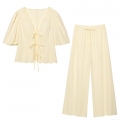 Women's Summer 2-Piece Outfit Set Scalloped V-Neck Tie Front Short Puff Sleeve Blouse Top And High Waist Wide Leg Long Pants Solid Color Sweet Casual Streetwear Suits