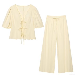 Women's Summer 2-Piece Outfit Set Scalloped V-Neck Tie Front Short Puff Sleeve Blouse Top And High Waist Wide Leg Long Pants Solid Color Sweet Casual Streetwear Suits