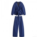 Women's 2 Piece Casual Outfit Set 100% Polyester Kimono Style Belted Wrap Top And High Waisted Wide Leg Pants Suit For Daily Streetwear Office Ladies