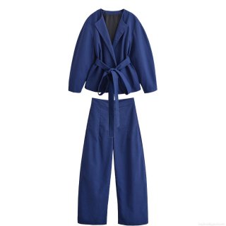 Women's 2 Piece Casual Outfit Set 100% Polyester Kimono Style Belted Wrap Top And High Waisted Wide Leg Pants Suit For Daily Streetwear Office Ladies