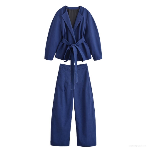 Women's 2 Piece Casual Outfit Set 100% Polyester Kimono Style Belted Wrap Top And High Waisted Wide Leg Pants Suit For Daily Streetwear Office Ladies