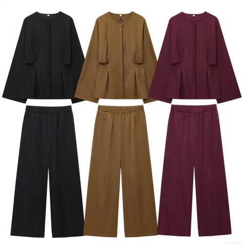 Women's Fashion Casual Two Piece Set Minimalist Pleated Long Sleeve Shirt and Elastic Waist Wide Leg Pants Set Solid Color Loose Lounge Wear