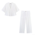 Women's Two Piece Set Elegant Cotton Blend Eyelet Embroidery V Neck Short Sleeve Button Down Shirt And High Waist Wide Leg Pants Summer Casual Sweet Outfits For Women