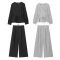 Women's Casual Two Piece Set V Neck Irregular Tie Waist Long Sleeve Wrap Top and High Waist Pleated Wide Leg Straight Pants Co-ords for Women Daily Work Office Wear Summer Autumn