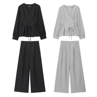 Women's Casual Two Piece Set V Neck Irregular Tie Waist Long Sleeve Wrap Top and High Waist Pleated Wide Leg Straight Pants Co-ords for Women Daily Work Office Wear Summer Autumn