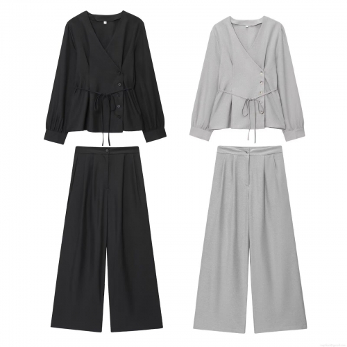 Women's Casual Two Piece Set V Neck Irregular Tie Waist Long Sleeve Wrap Top and High Waist Pleated Wide Leg Straight Pants Co-ords for Women Daily Work Office Wear Summer Autumn