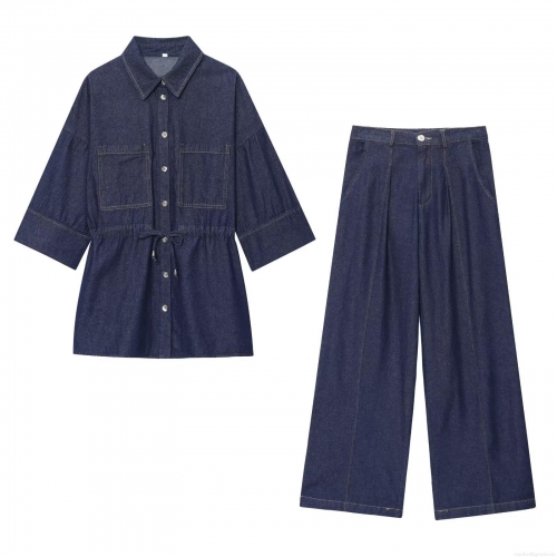 Women's Denim Set Fashion Simple Cotton Blend Polyester Spandex Short Sleeve Shirt Drawstring Waist High Waist Wide Leg Pants Casual 2 Piece Outfits