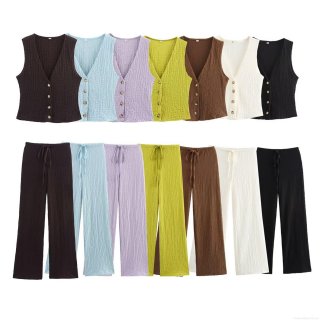 Women Summer Casual Textured Vest Top And Wide Leg Pants Set V-Neck Single Breasted Seersucker Sleeveless Tank Top With Drawstring Straight Trousers Two Piece Outfits