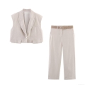 Women's Casual Cotton Linen Vest And Pants Two Piece Suit With Belt Solid Color Sleeveless Waistcoat Straight Leg Trousers Set For Commute Office Daily