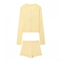Women's Casual Ribbed Knit Two Piece Set Single Breasted Long Sleeve Cardigan Top And Scalloped Edge Shorts 100% Polyester Loungewear Set For Summer Daily Wear