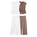 Women's Casual Knitted Two Piece Sets Sleeveless V-Neck Asymmetric Top and High Waist Wide Leg Pants Set Solid Color Lounge Wear With Metal Pin Decoration