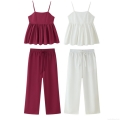 Women's 2 Piece Summer Fashion Set Strappy Ruffled Hem Camisole Top and High Waist Wide Leg Long Trousers Casual Solid Color Outfits Set