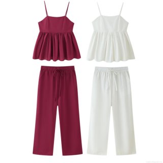 Women's 2 Piece Summer Fashion Set Strappy Ruffled Hem Camisole Top and High Waist Wide Leg Long Trousers Casual Solid Color Outfits Set