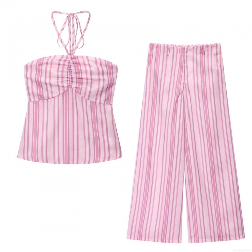 Women 2 Piece Summer Outfits Sexy Halter Neck Crop Top And High Waist Wide Leg Pants Set Fashion Pink Purple Vertical Stripe Print Co-ords For Vacation Beach