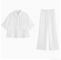 Women's Summer White Two Piece Set Casual Short Sleeve Lapel Button Shirt With Lace Trim And High Waist Wide Leg Pants Breathable Polyester Spandex Co-ord Suit