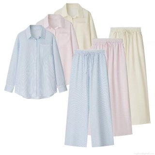 Women's Casual Striped Pajama Set With Lace Trim Long Sleeve Button Down Shirt And Wide Leg Pants Polyester Spandex Loose Fit Loungewear Two Piece Set