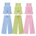 Women's Summer Fashion Square Neck Tie-Waist Vest and Wide-Leg Pants Set Elegant Sleeveless Top and Drawstring Trousers Two Piece Outfits for Women Casual Suits