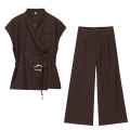 Women's Fashion Commuter Two-Piece Set Dark Brown Sleeveless Double Breasted Vest With Gold Buckle Waist Belt And High Waist Wide Leg Long Pants Elegant Office Outfit