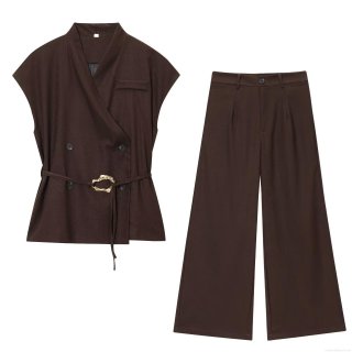Women's Fashion Commuter Two-Piece Set Dark Brown Sleeveless Double Breasted Vest With Gold Buckle Waist Belt And High Waist Wide Leg Long Pants Elegant Office Outfit