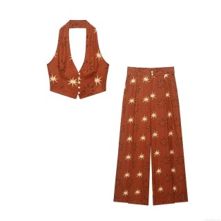 Women's Bohemian Sun Star Print 2-Piece Set Halter Neck Button Crop Top And High Waist Wide Leg Pants Cotton Linen Blend Ethnic Summer Vacation Casual Outfit