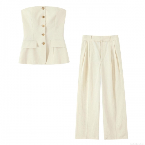 Women's Elegant Summer Two Piece Set Off White Strapless Tube Top with Buttons and High Waisted Wide Leg Trousers Casual Commuter Polyester Spandex Outfit