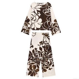 Women Vintage Floral Print Set Long Sleeve Round Neck Top and Wide Leg Pants Two-Piece Casual Outfit Linen-Like Texture Spring Summer Loose Streetwear
