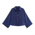 Women's Casual Linen Blend Two Piece Set Navy Blue Lapel Button Down Shirt And Elastic Waist Wide Leg Cropped Pants Loungewear Outfit