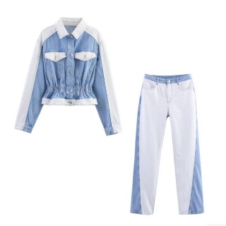 Women's Fashion Blue White Spliced Denim Two Piece Set Short Splicing Jacket With Elastic Waist And Straight Leg Pants Casual Streetwear Spring Autumn Suit