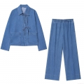 Women's Denim Two Piece Set Long Sleeve Tie Front Jacket And High Waist Wide Leg Pants Casual Streetwear Fashion Outfits For Women Blue Color