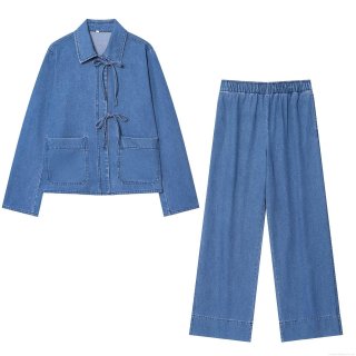 Women's Denim Two Piece Set Long Sleeve Tie Front Jacket And High Waist Wide Leg Pants Casual Streetwear Fashion Outfits For Women Blue Color